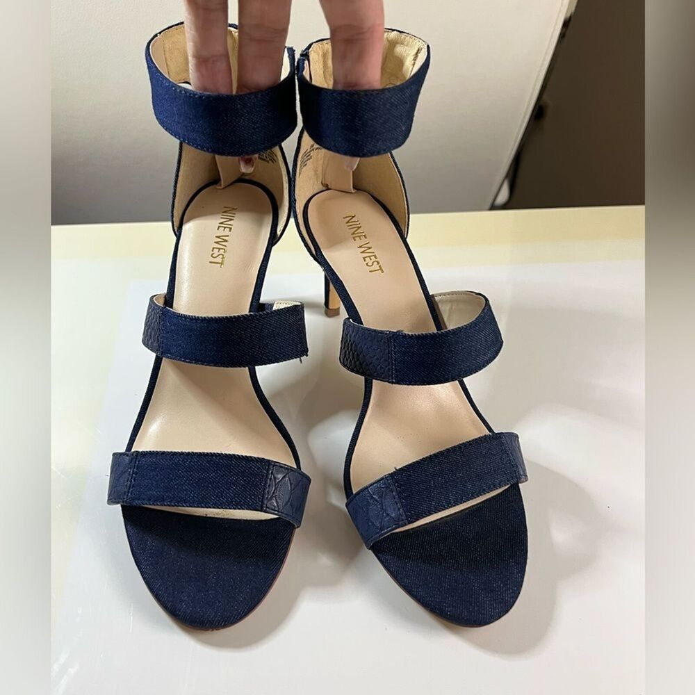 Nine West Denim Strap Heel Sandal Blue Jean Open Toe Ankle Wrap Y2K Chic Women 8